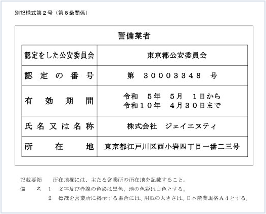 警備業者認定証標識 東京都公安委員会 認定第30003348号 株式会社ジェイエヌティ