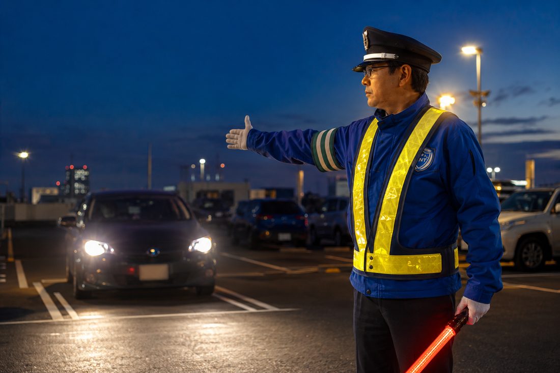 駐車場で車両誘導・場内整理を行うJNT Securityの警備員